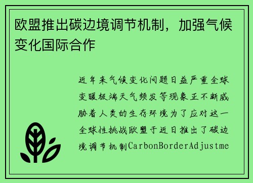 欧盟推出碳边境调节机制，加强气候变化国际合作